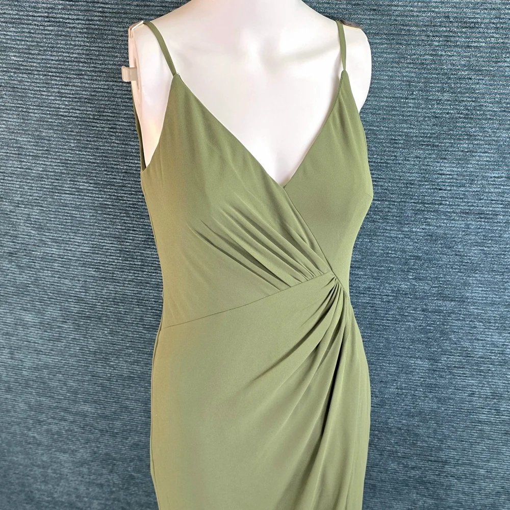 David's Bridal Chiffon Cowl Back V-neck Sheath Dress Martini Olive Color - Picture 8 of 14